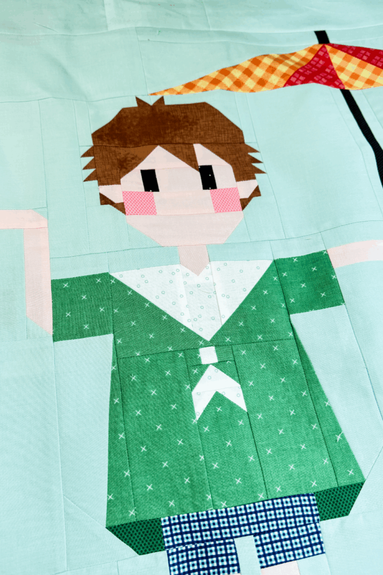 A close up of Christopher Robin's face in the quilt block.