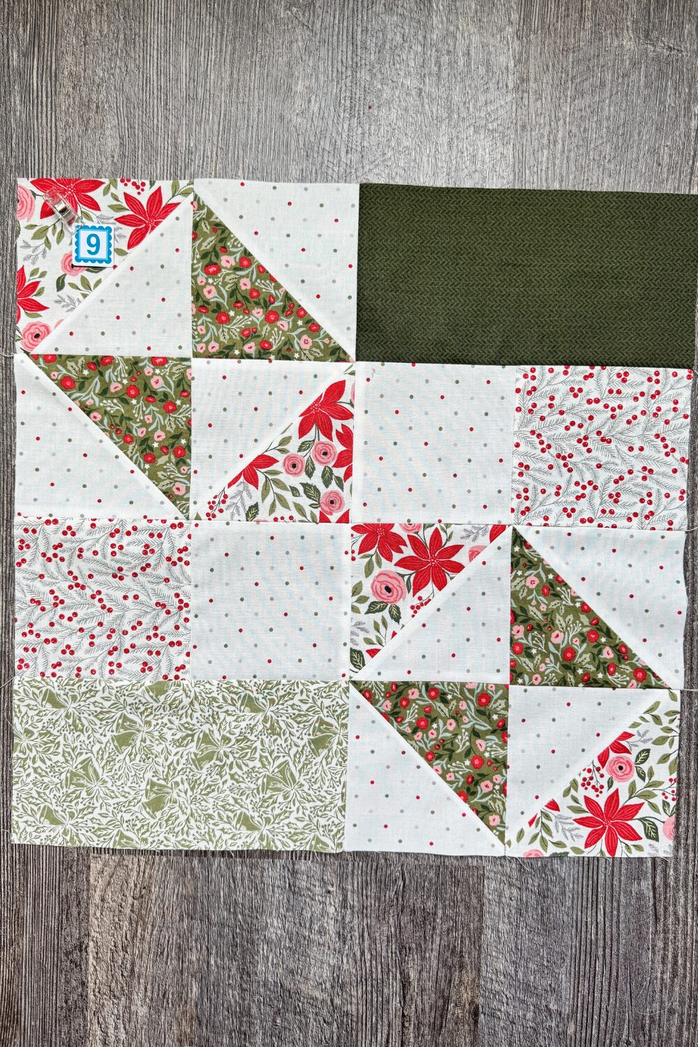 Overhead view of the finished 16.5-inch Windflower block from the Jolly Bar 5 Quilt Along using Berry & Pine fabrics.