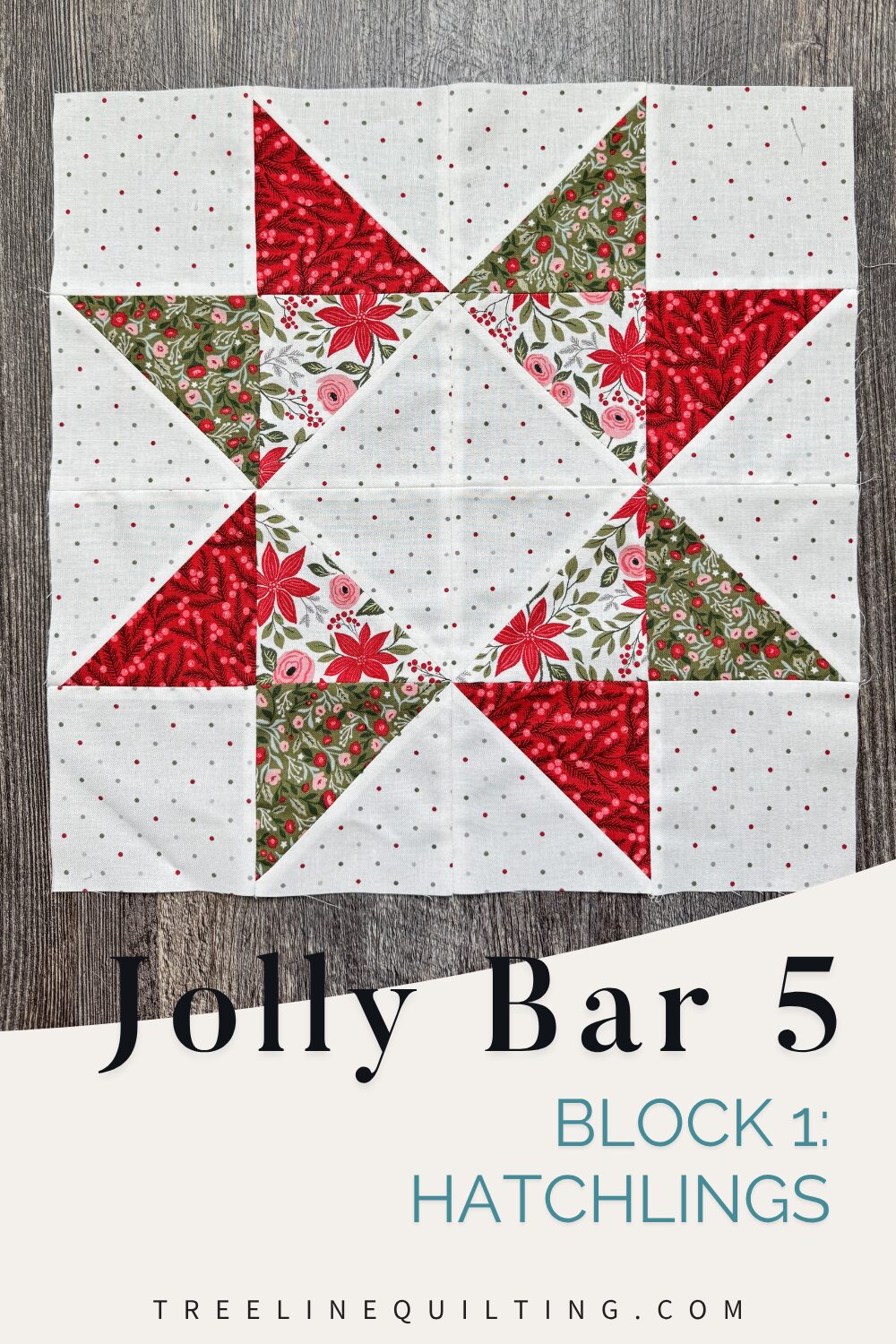 Finished Hatchling quilt block from the Jolly Bar 5 Quilt Along made with Berry & Pine fabric with text overlay Jolly Bar 5 Block 1: Hatchline