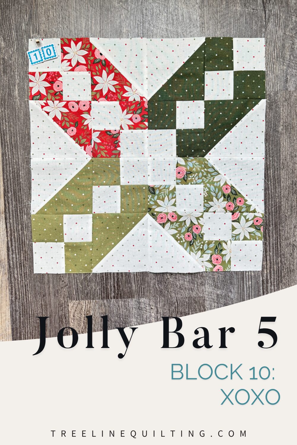 Finished XOXO quilt block from the Jolly Bar 5 Quilt Along using Berry & Pine fabrics.