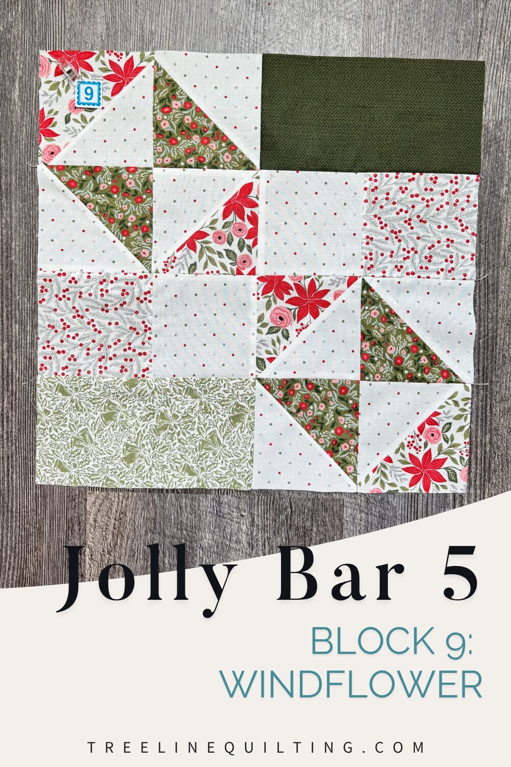 Finished Windflower quilt block with text overlay reading “Jolly Bar 5: Block 9 Windflower,” made with Berry & Pine fabrics.