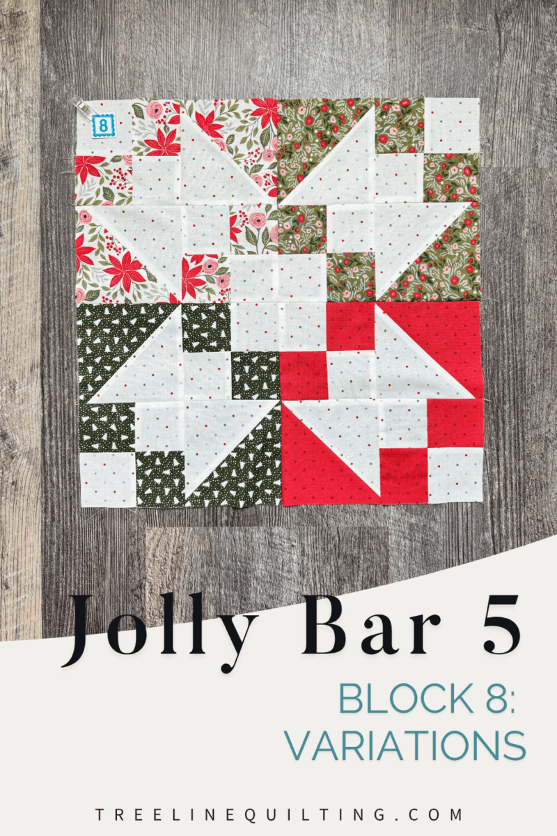 Alt Text: Finished Variations block unit for the Jolly Bar 5 Quilt Along made from four 8.5-inch blocks using Berry & Pine fabrics.