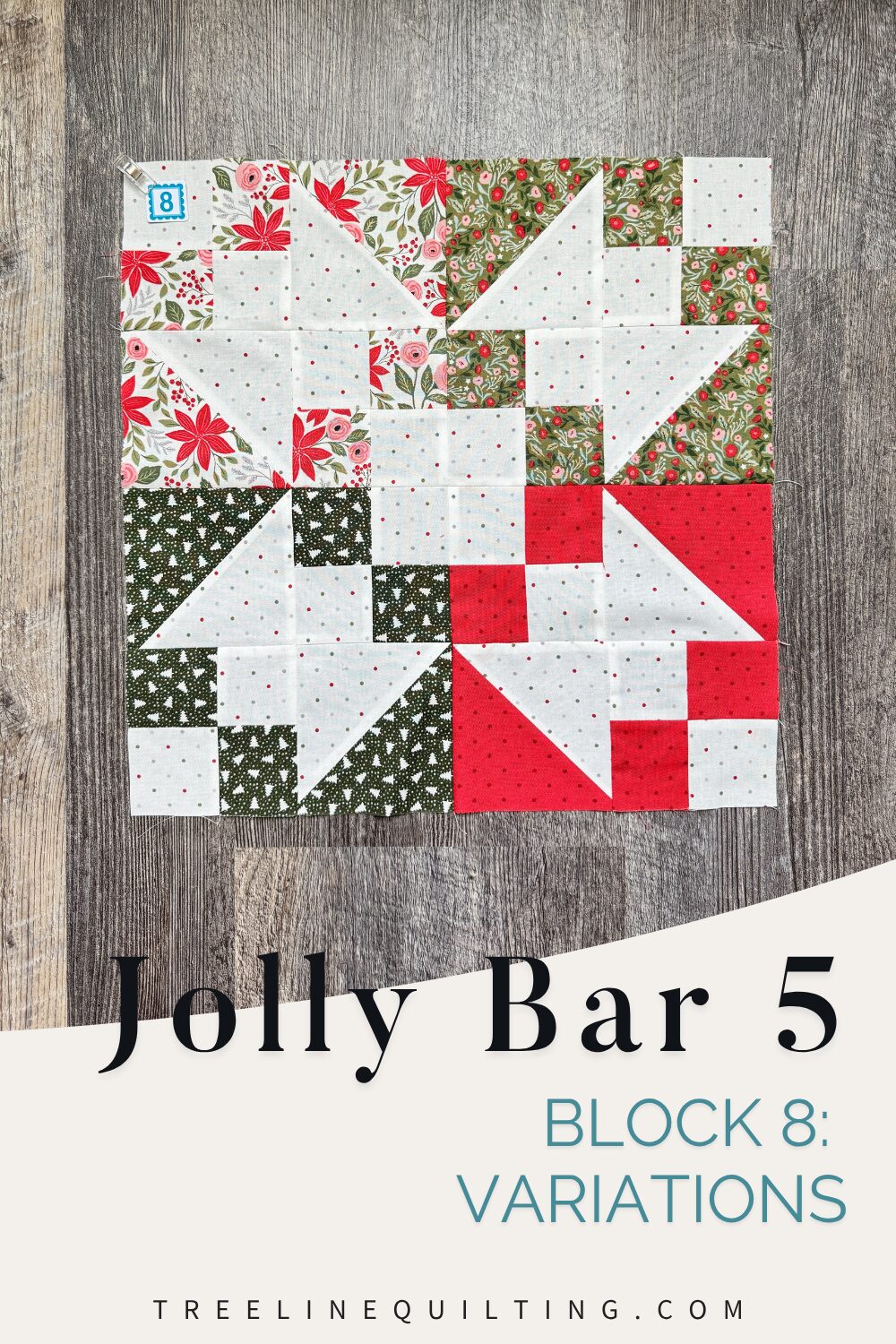 Alt Text: Finished Variations block unit for the Jolly Bar 5 Quilt Along made from four 8.5-inch blocks using Berry & Pine fabrics.