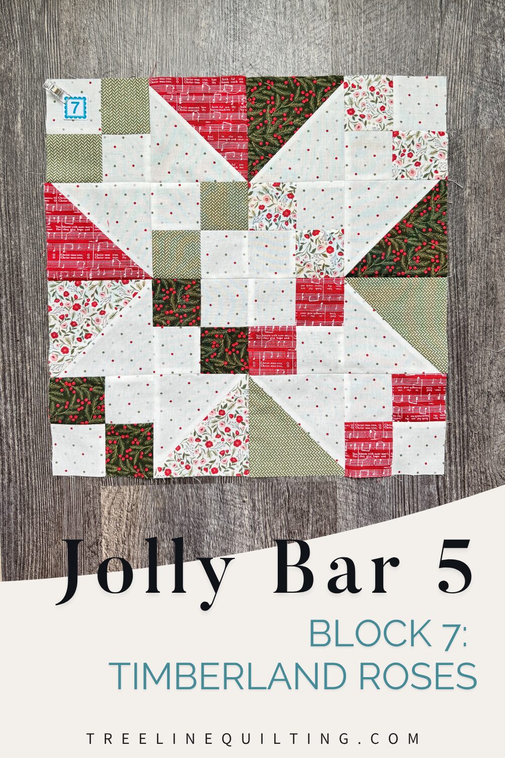 Jolly Bar 5 Timberland Rose quilt block made with a combination of four patch blocks and half square triangles. 