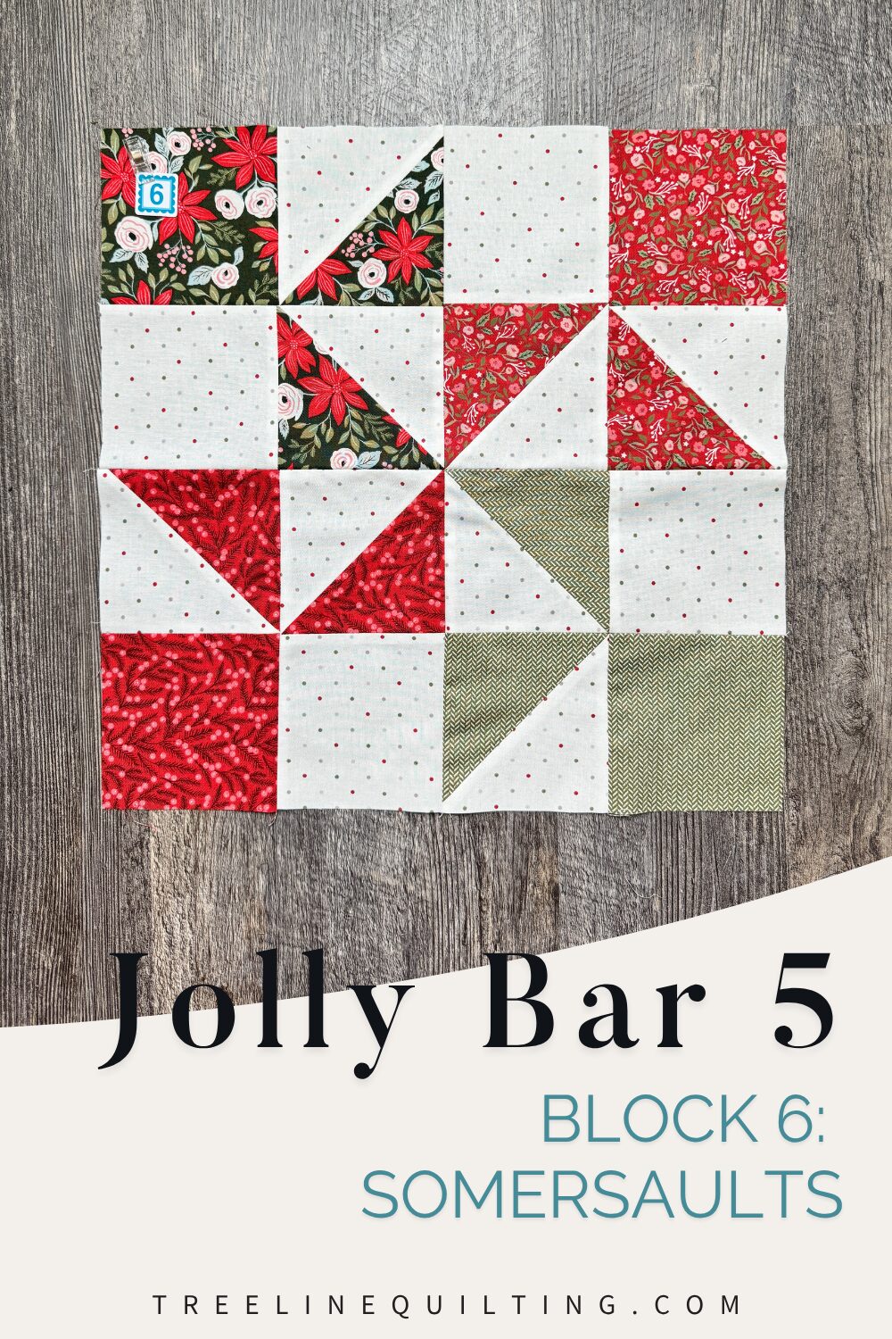 Finished Somersaults quilt block from the Jolly Bar 5 Quilt Along sewn with Berry & Pine fabrics. Text Overlay Jolly Bar 5 Block 6 Somersaults