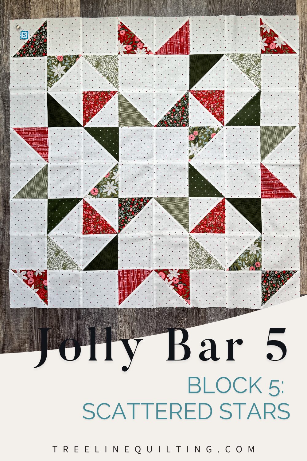 Finished Scattered Stars quilt block from the Jolly Bar 5 Quilt Along using Berry & Pine fabrics. Text overlay Jolly Bar 5 Block 5: Scattered Stars
