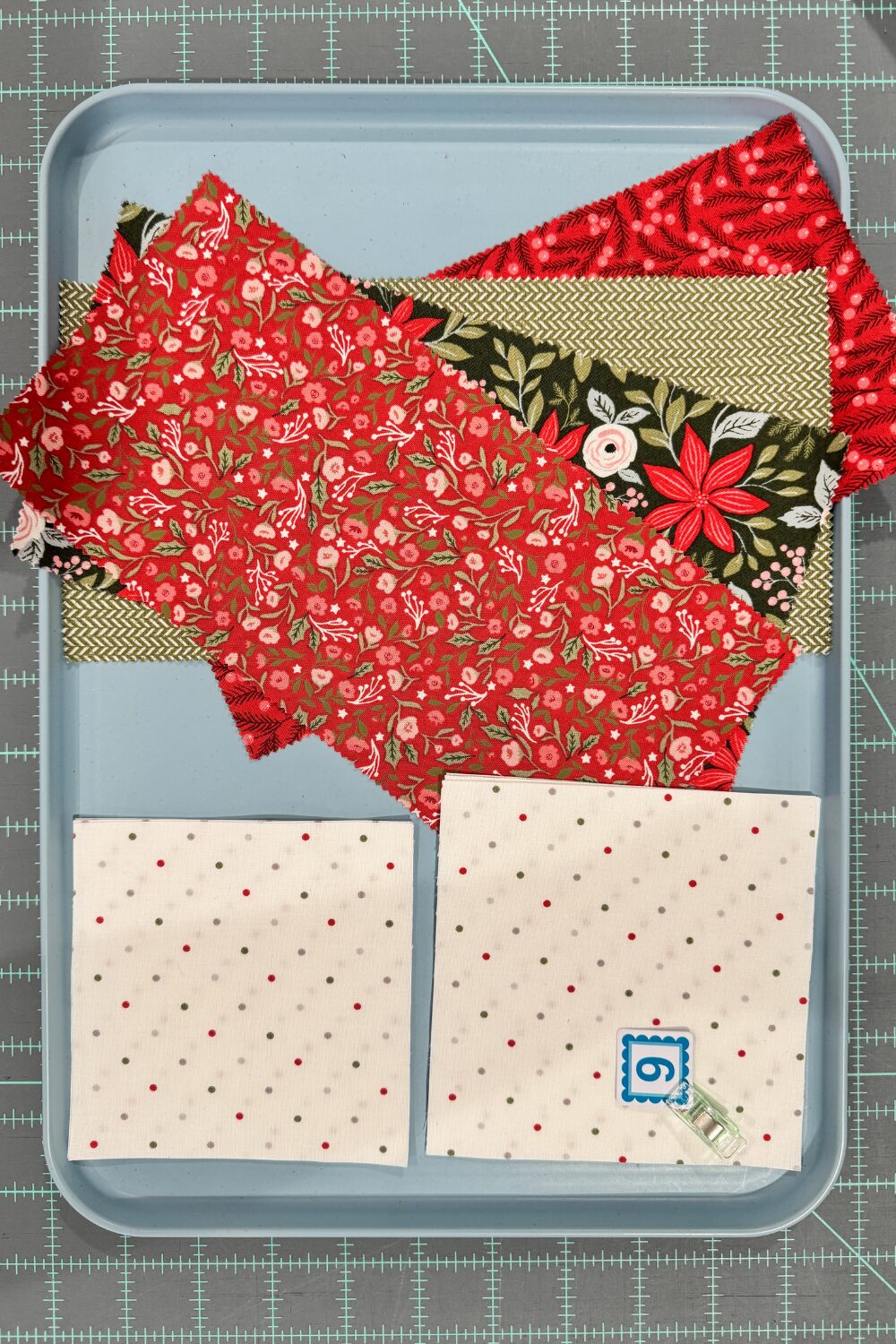 My fabrics selected for Block 6 Somersaults in the Jolly Bar 5 book quilt along with Fat Quarter Shop