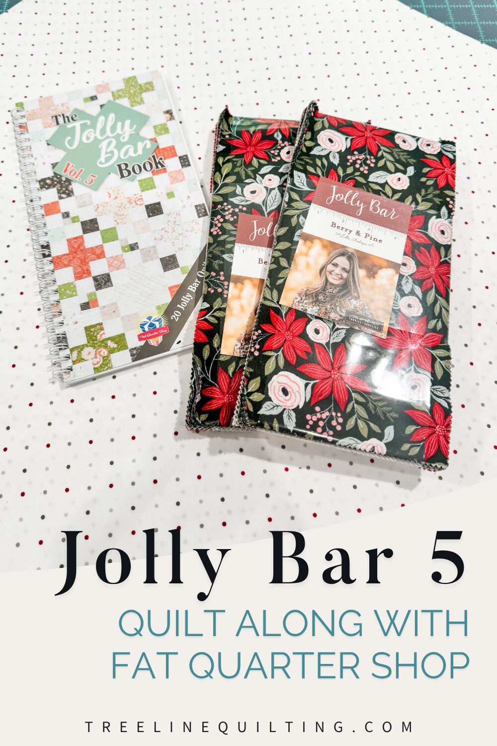 Flat lay image of Berry & Pine fabrics and Christmas Magic Dot background for the Jolly Bar 5 Quilt Along.