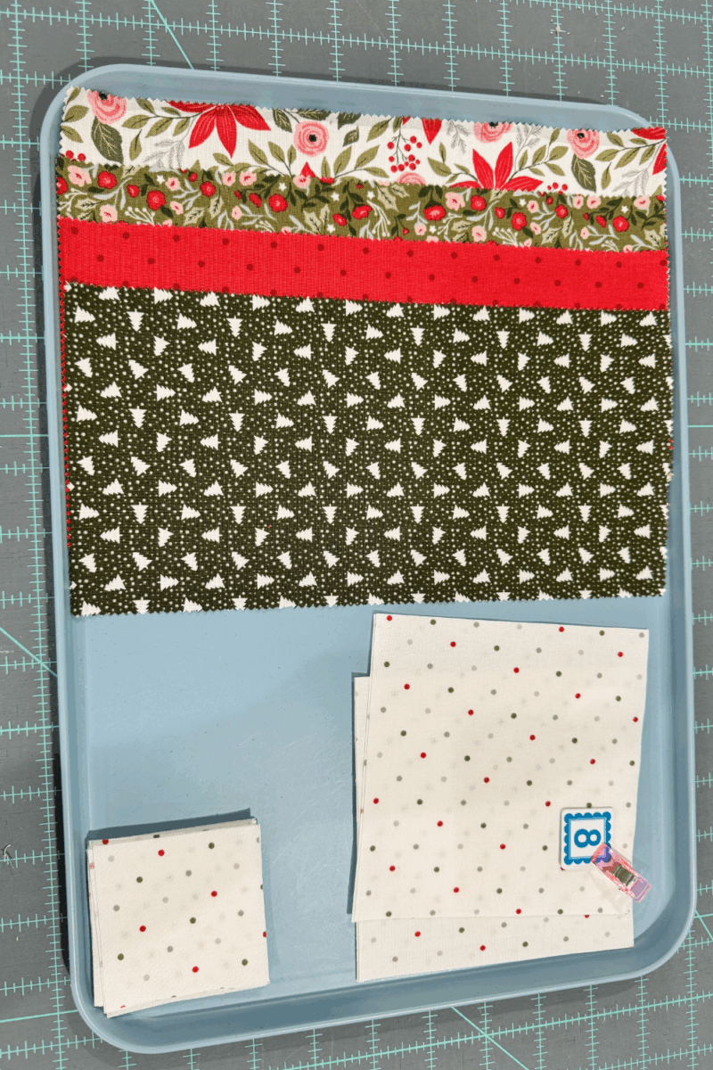 Fabric selection for the Variations block unit using multiple Jolly Bar rectangles from the Berry & Pine collection.