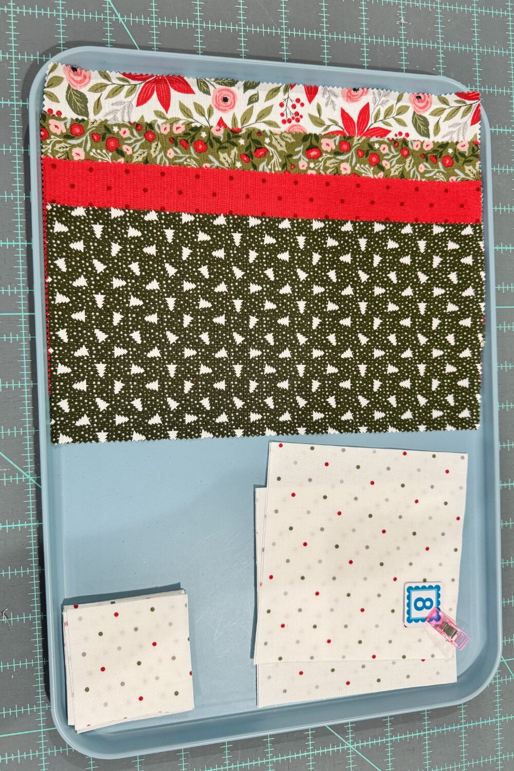 Fabric selection for the Variations block unit using multiple Jolly Bar rectangles from the Berry & Pine collection.