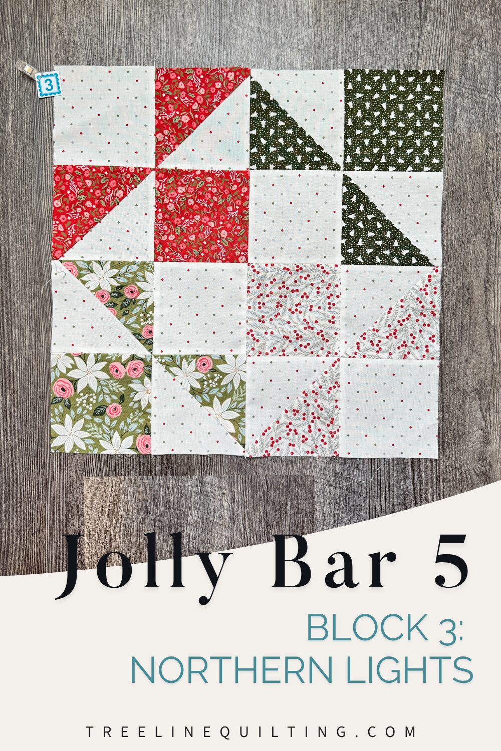 Finished Northern Lights quilt block from the Jolly Bar 5 Quilt Along sewn with Berry & Pine fabric.