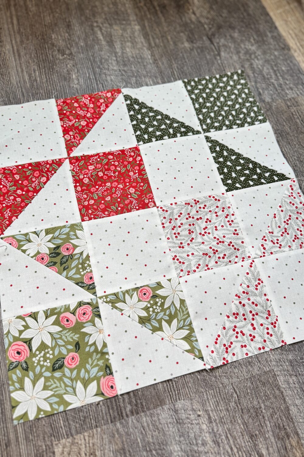 Angled photo of the completed Northern Lights block from the Jolly Bar vol. 5 book.  