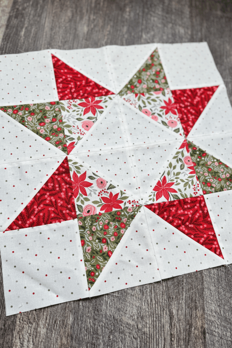 Finished Hatchling quilt block from the Jolly Bar 5 Quilt Along made with Berry & Pine fabric.