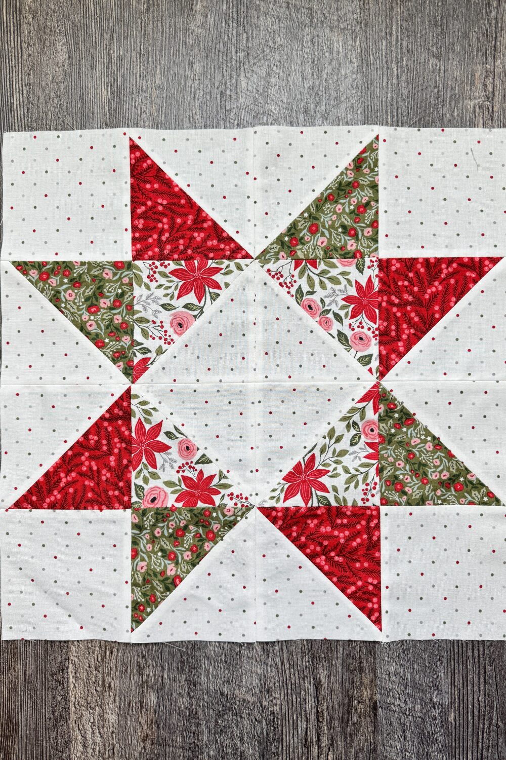 Finished Hatchling quilt block from the Jolly Bar 5 Quilt Along made with Berry & Pine fabric.