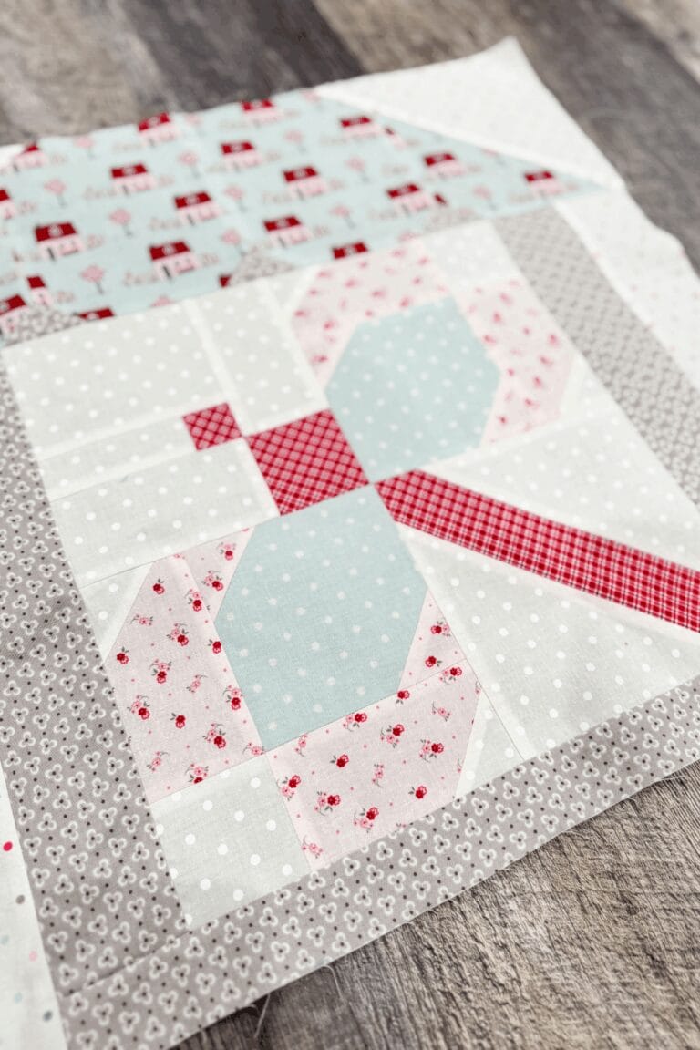 Sweet Dreams quilt block in house setting ready to be part of the final quilt row.