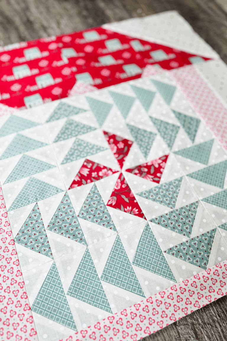 Family Time quilt block in house setting ready to be assembled in the quilt top.