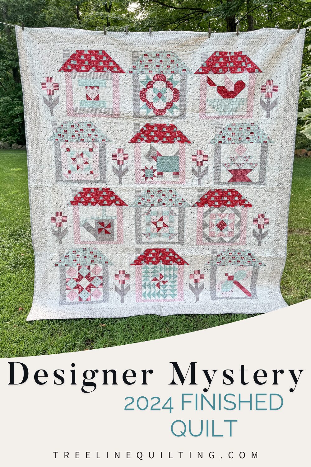 Finished Designer Mystery Quilt hanging outside with text overlay “Designer Mystery Finished Quilt.