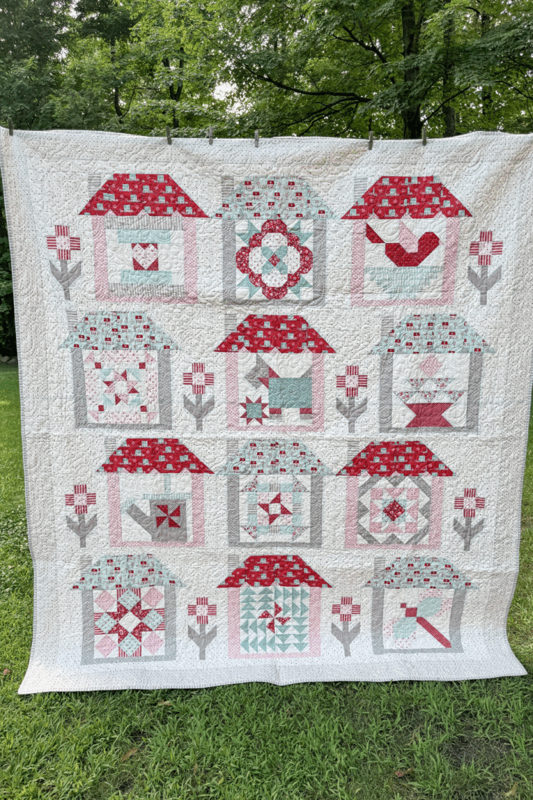 Full image of the completed Designer Mystery Quilt with all blocks, borders, and quilting.