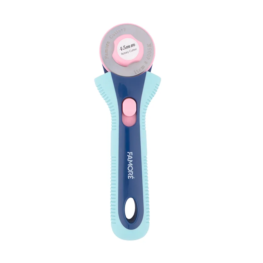 Famore Rotary Cutter, blue handle, pink accents with retractable blade