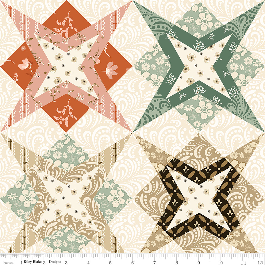 Morning Latte Star Cheater Multi by Sandy Gervais for Riley Blake Designs — 100% cotton quilting fabric, 43/44" wide.