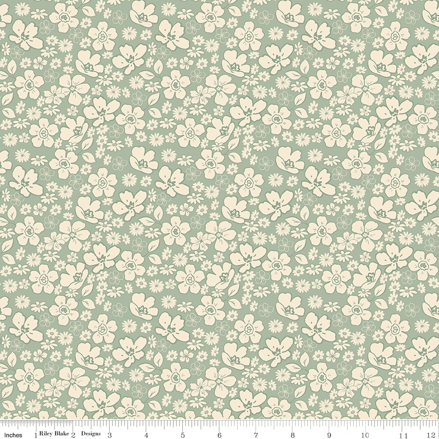 Morning Latte Tonal Floral Aloe by Sandy Gervais for Riley Blake Designs — 100% cotton quilting fabric, 43/44" wide.