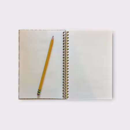 Gold and white spiral-bound A5 sketchbook featuring the Young Man’s Fancy quilt pattern, 80 dot grid pages, perfect for sketching and quilting design.
