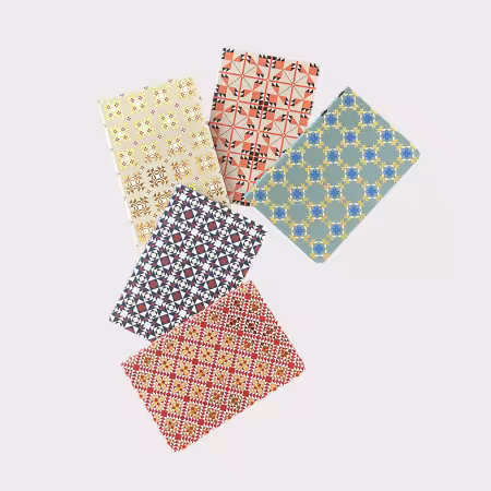 Set of five quilt-themed soft notebooks with gold accents, featuring classic quilt block designs in warm colors on 4x6-inch thread-bound covers.