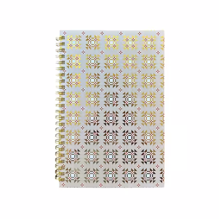 Gold and white spiral-bound A5 sketchbook featuring the Young Man’s Fancy quilt pattern, 80 dot grid pages, perfect for sketching and quilting design.