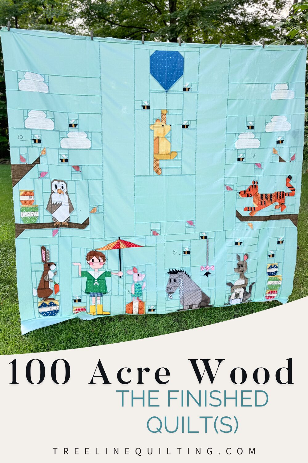 Cover image of finished light blue 100 Acre Wood quilt top with text overlay reading “100 Acre Wood Quilt.”