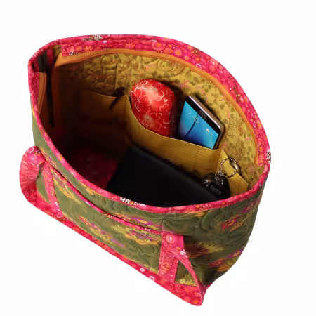 Two Little Totes Pattern featuring instructions for small and medium tote bags with pockets, reinforced bases, and zipper closures.