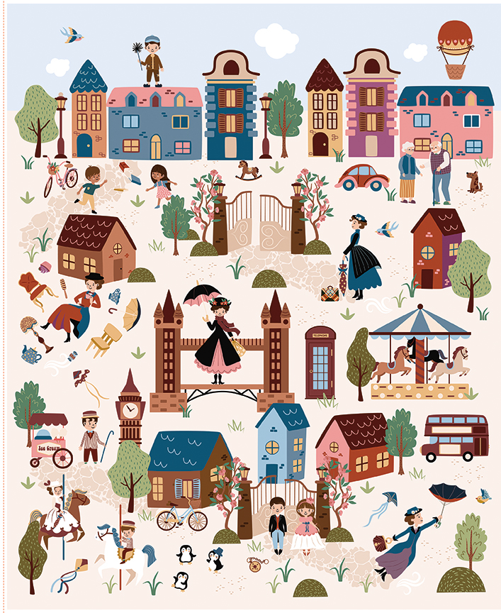 A Spoonful of Sugar Mary Poppins fabric panel featuring illustrated characters and whimsical scenery on a 35.5" x 43.5" digitally printed design.
