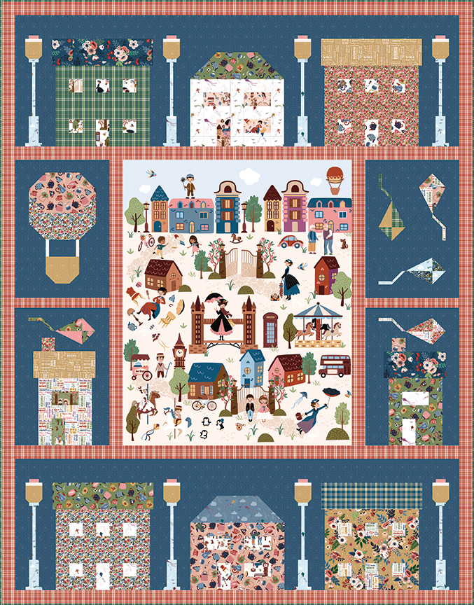 Cherry Tree Lane Quilt Mock Up using the Panel from the Spoonful of Sugar fabric line surrounded with house blocks.