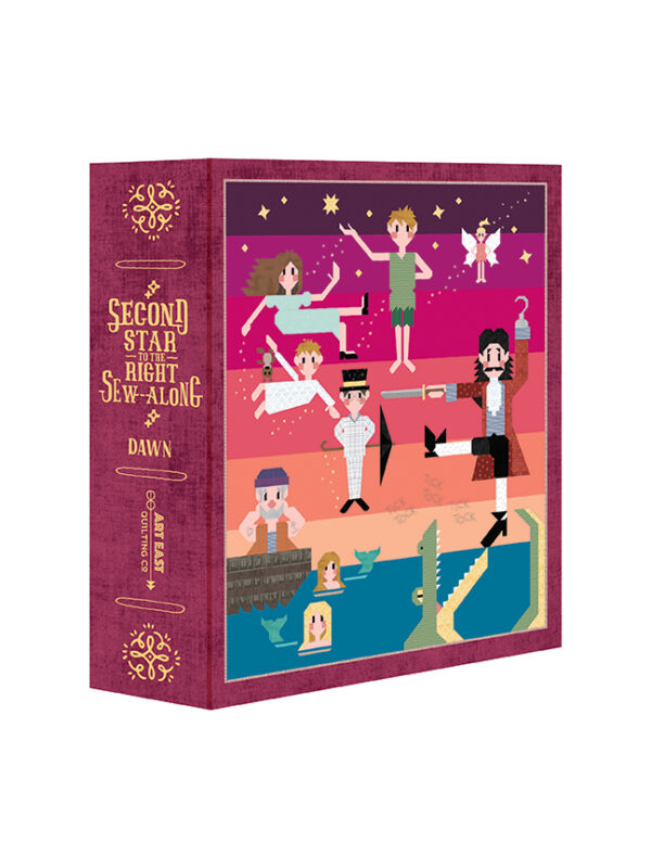 Second Star to the Right Dawn Quilt Kit by Art East Quilting Co., including pattern, fabrics, binding, exclusive patch, and needle minder in a keepsake box.