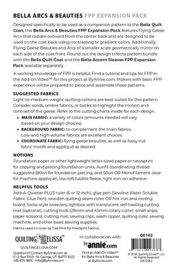 Bella Quilt Coat Arcs and Beauties Pattern Bella Quilt Coat Arcs & Beauties FPP Expansion Pack, add-on foundation paper piecing pattern for the Bella Quilt Coat featuring radiant arcs and mirrored beauties.