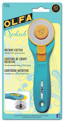 Olfa Splash Rotary Cutter in Aqua, 45mm ergonomic handle with quick-change blade system and safety guard for precise fabric cutting.