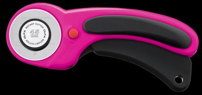 Olfa 45mm Ergonomic Rotary Cutter in Magenta with self-retracting safety blade, ergonomic handle, and Olfa Endurance Blade for twice the cutting life.