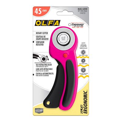 Olfa 45mm Ergonomic Rotary Cutter in Magenta with self-retracting safety blade, ergonomic handle, and Olfa Endurance Blade for twice the cutting life.
