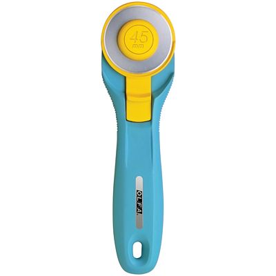 Olfa Splash Rotary Cutter in Aqua, 45mm ergonomic handle with quick-change blade system and safety guard for precise fabric cutting.
