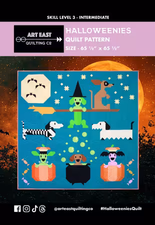 Halloweenies Quilt Pattern by Art East Quilting Co. featuring traditionally pieced dogs in Halloween costumes. Intermediate quilt pattern, 65.5" x 65.5" finished.