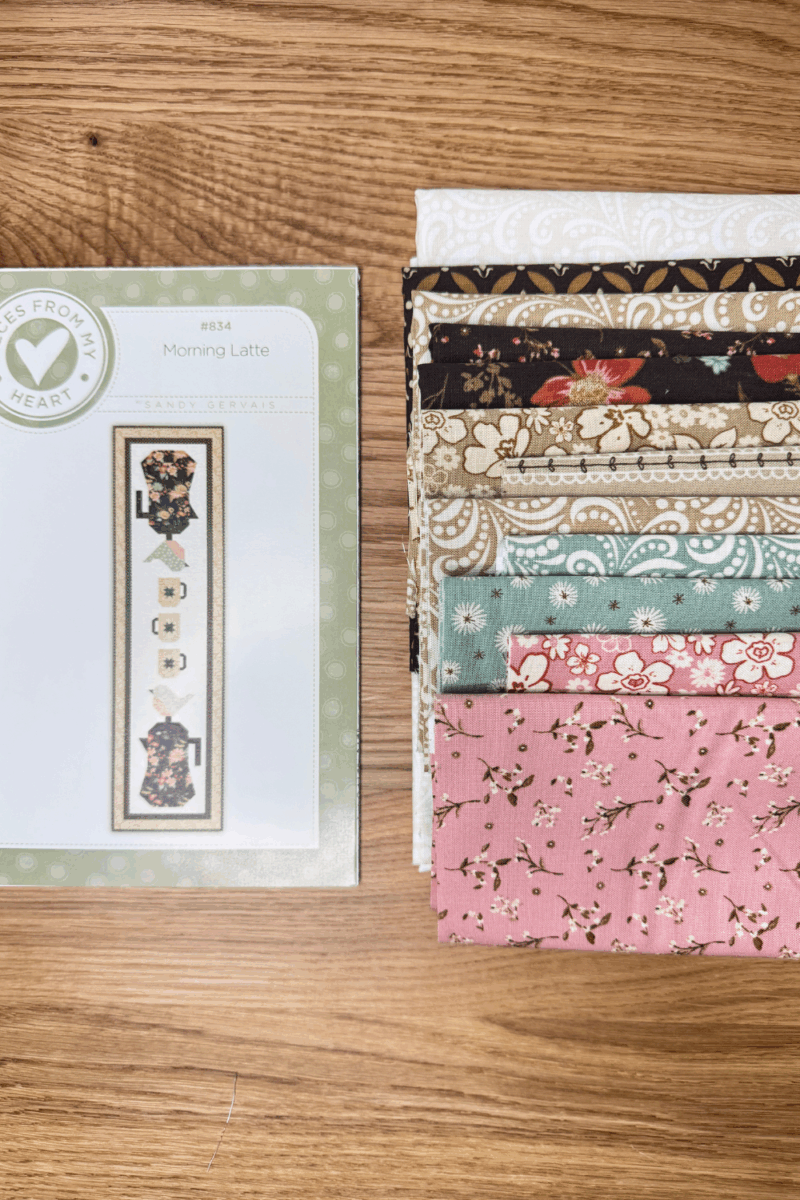 The Morning Latte Table Runner kit fabrics and pattern.