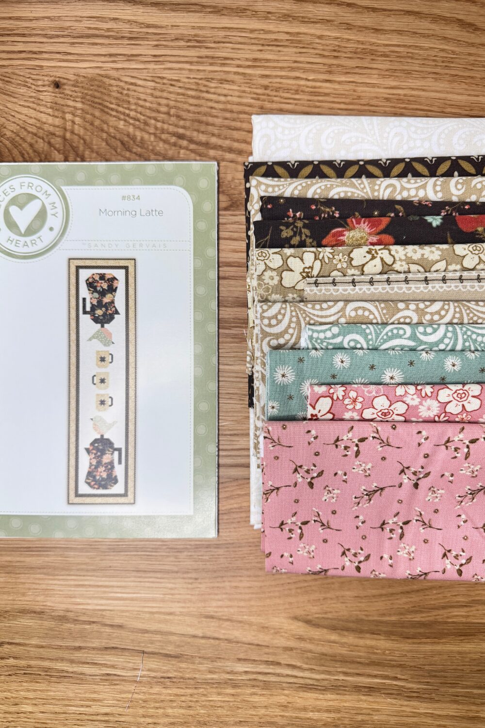 The Morning Latte Table Runner kit fabrics and pattern.