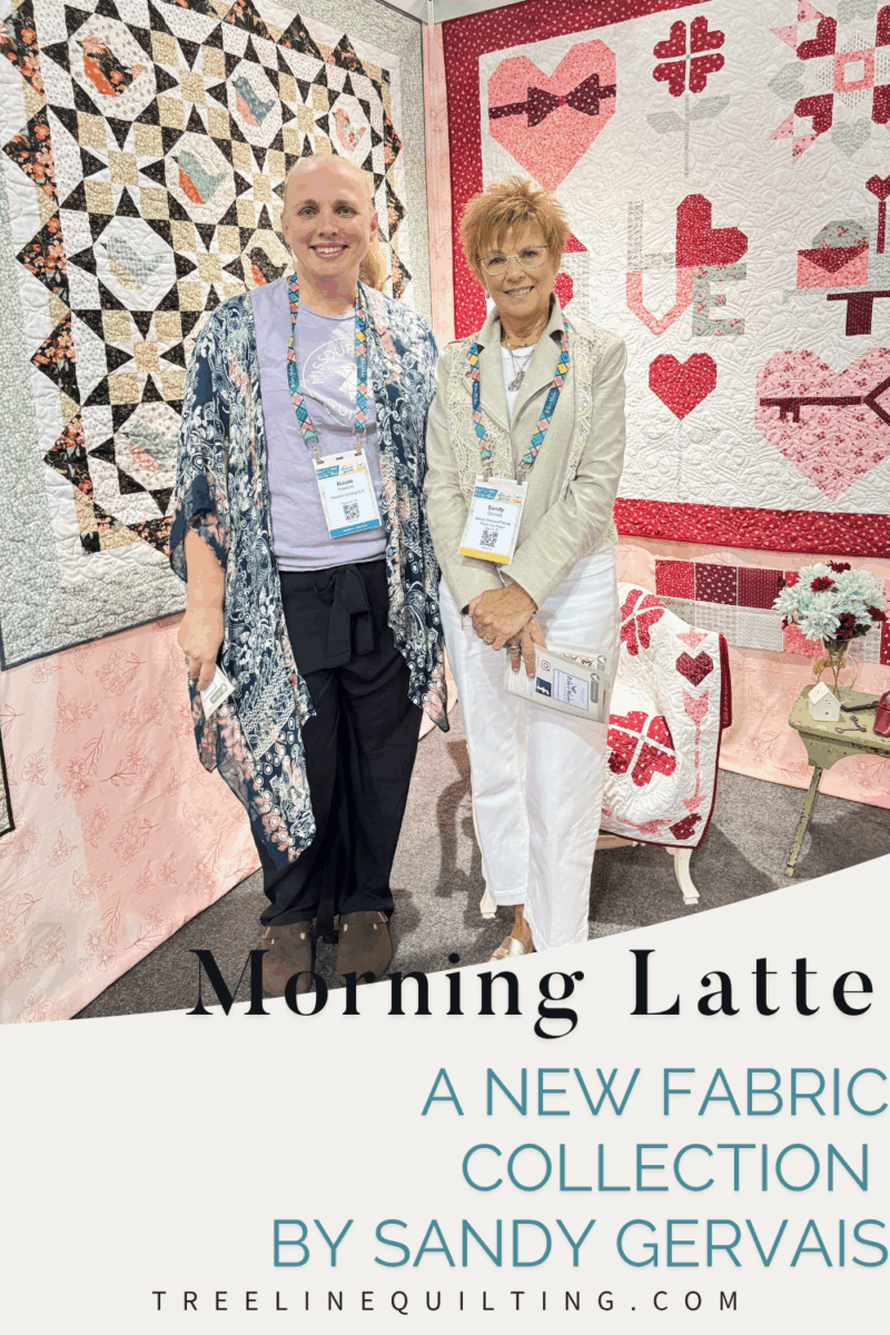 Me standing with Sandy Gervais in her booth at H&H Americas showcasing her new fabric collections