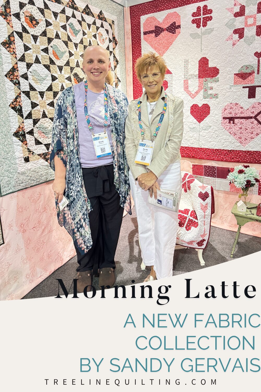 Me standing with Sandy Gervais in her booth at H&H Americas showcasing her new fabric collections