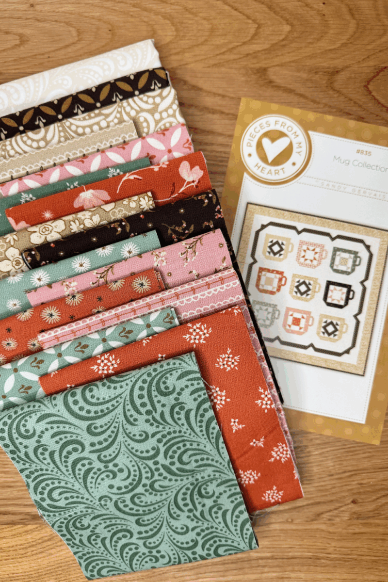 The Morning Latte Mug Collection kit fabrics and pattern.
