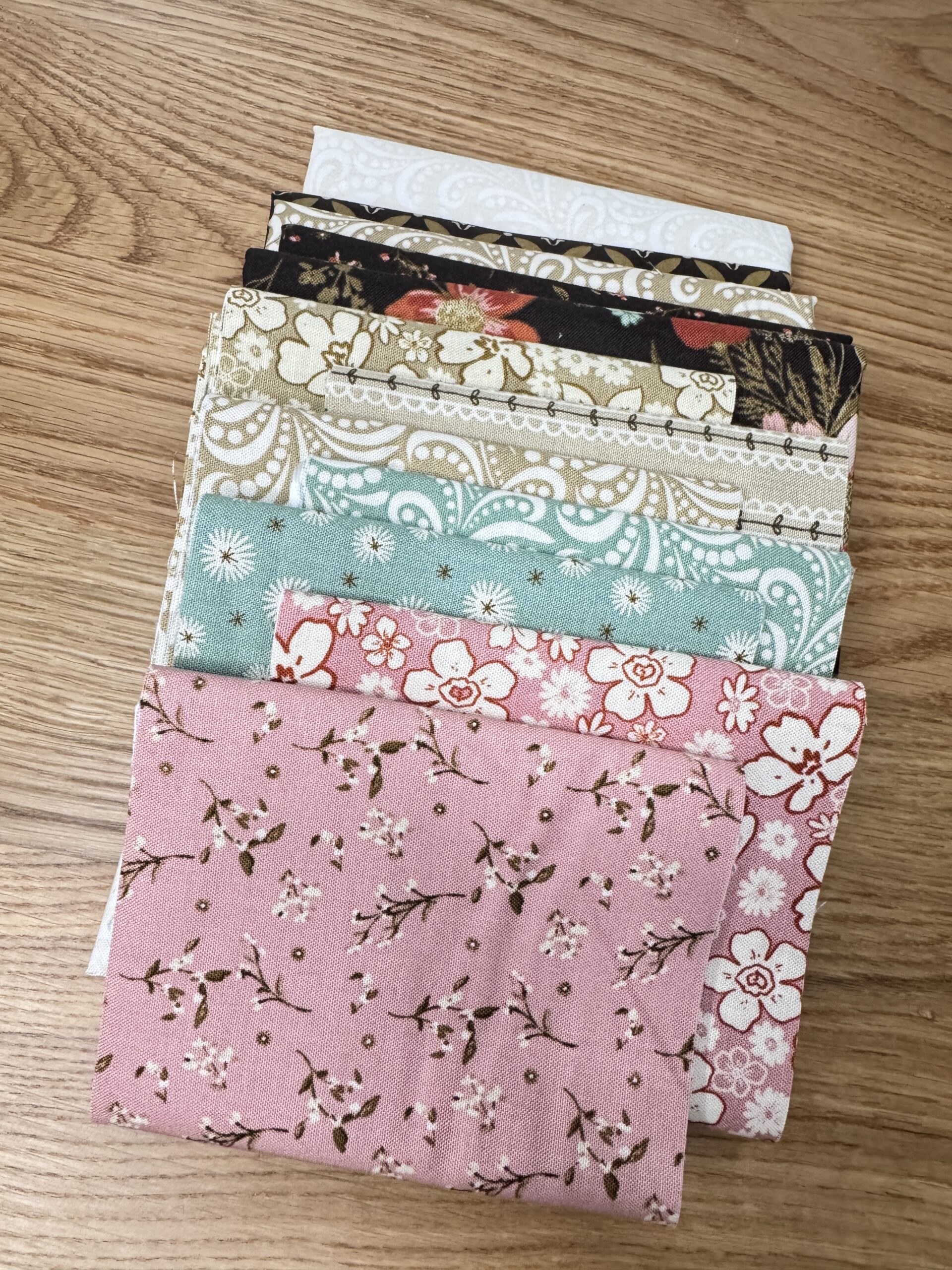 Morning Latte Runner kit fabric selection featuring Morning Latte fabrics by Sandy Gervais