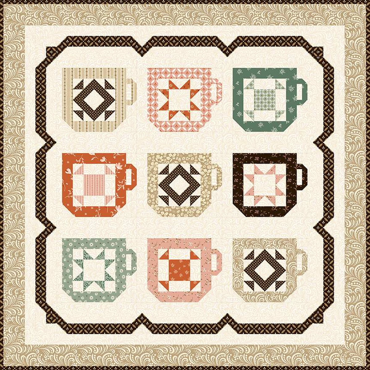 Mug Collection pattern by Sandy Gervais. The quilt kit includes all fabrics for quilt top and binding