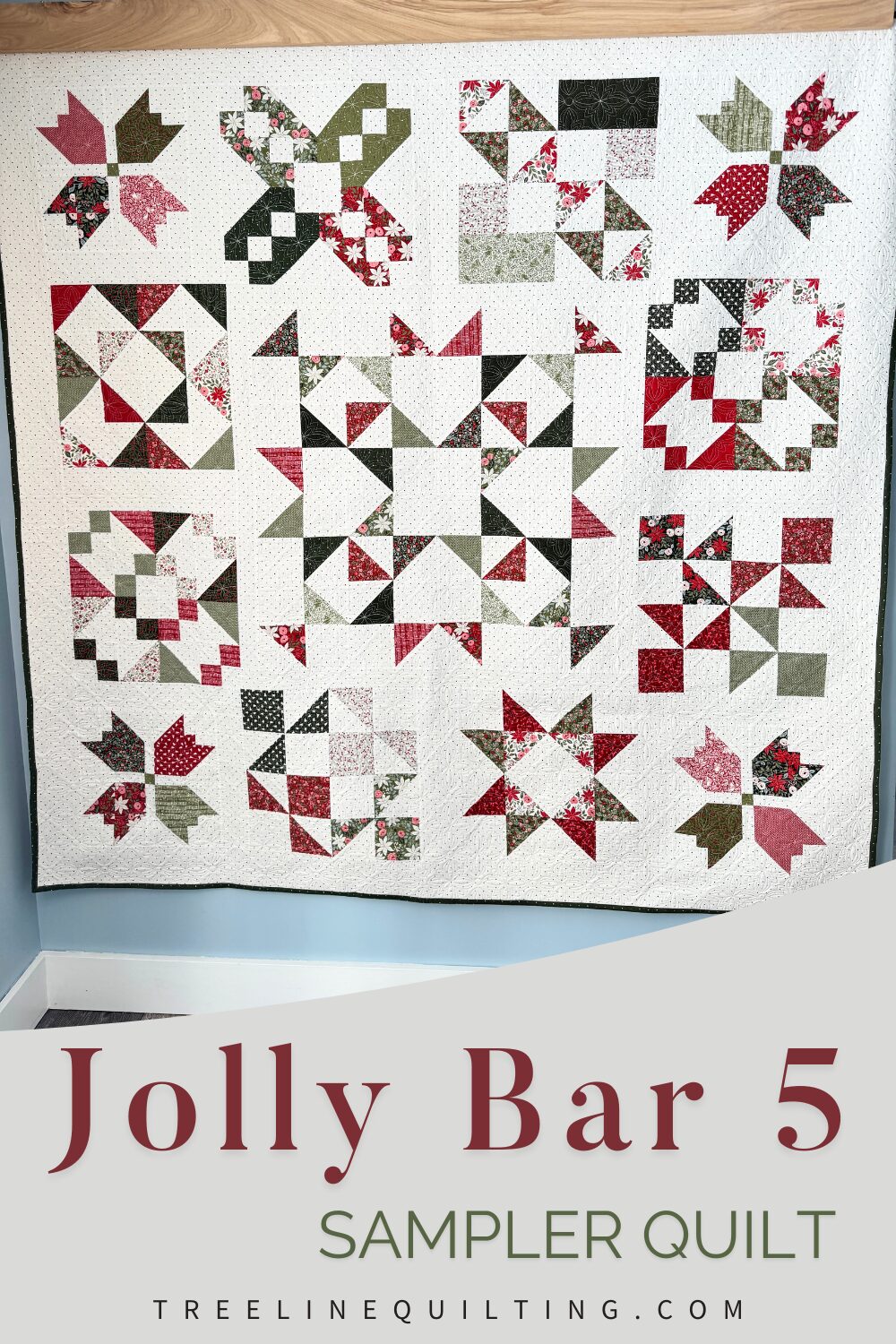 Finished Jolly Bar 5 sampler quilt hanging on the wall with text overlay reading “Jolly Bar 5 Sampler Quilt.”
