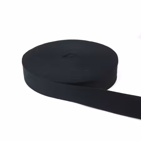 Sallie Tomato black webbing strapping sold by the yard, 1.5 inch wide polyester webbing for bag straps.