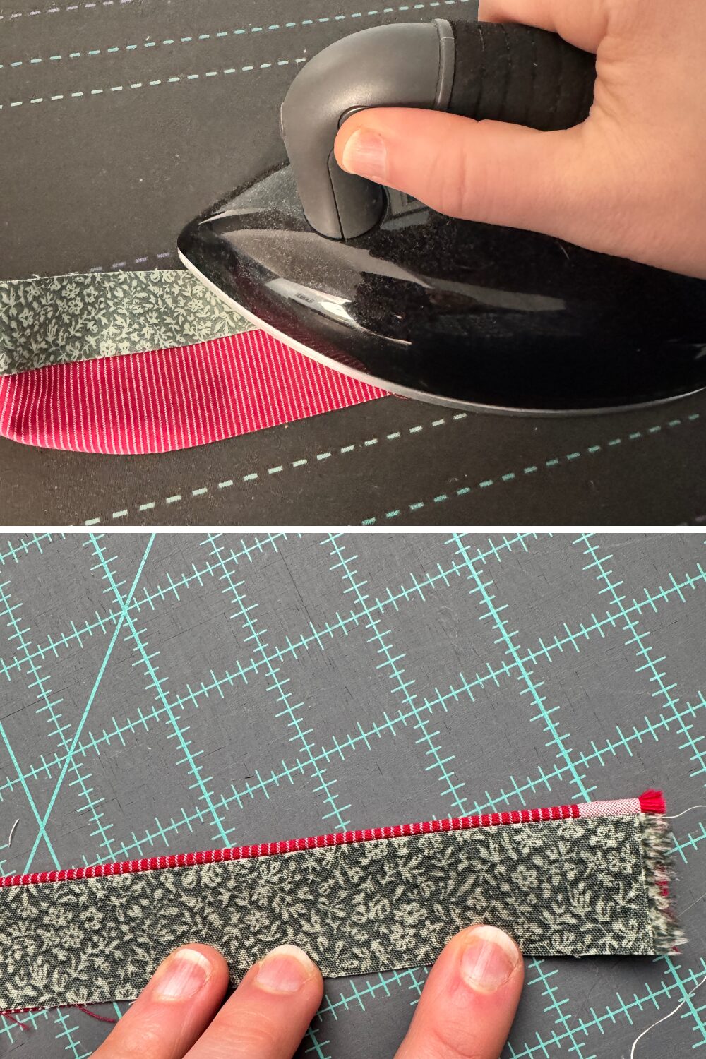 Flanged binding being pressed in half lengthwise with the flange fabric slightly visible.