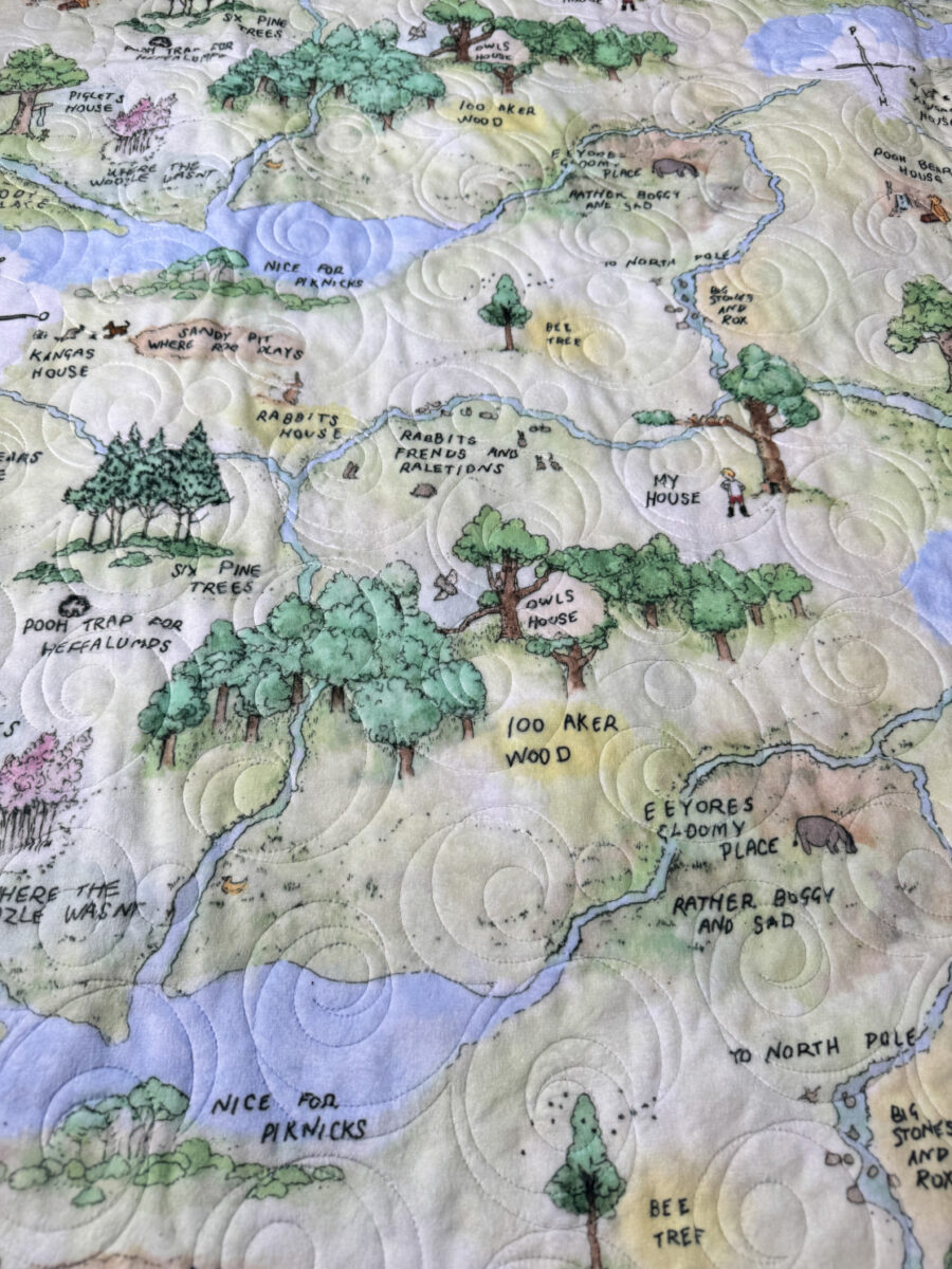 Close-up of map print Minky backing on the Winnie the Pooh quilt.